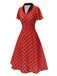 Robe rouge foncé à col en V et à pois des années 1950