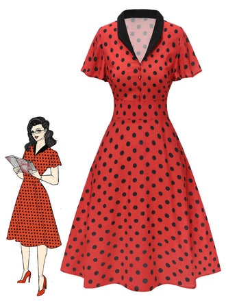 Robe rouge foncé à col en V et à pois des années 1950