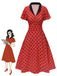 Robe rouge foncé à col en V et à pois des années 1950