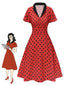 Robe rouge foncé à col en V et à pois des années 1950