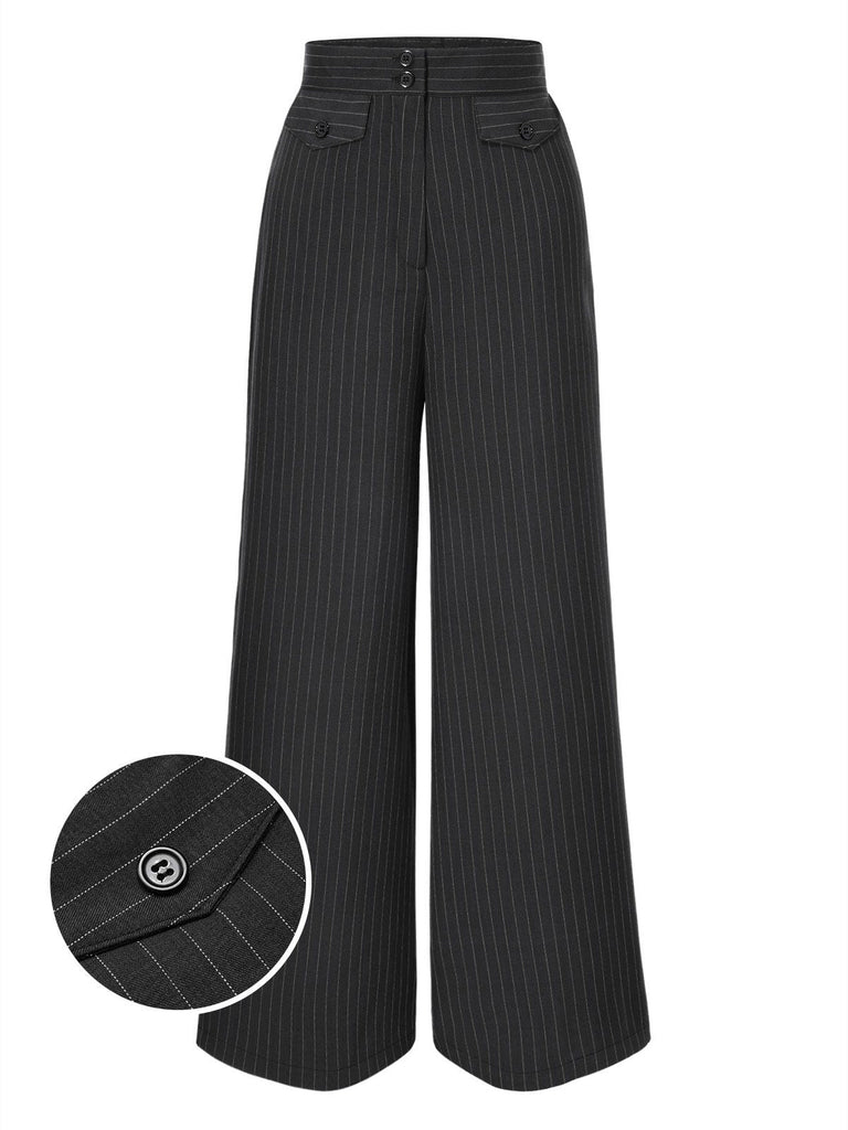 Pantalon large à rayures fines gris foncé des années 1940