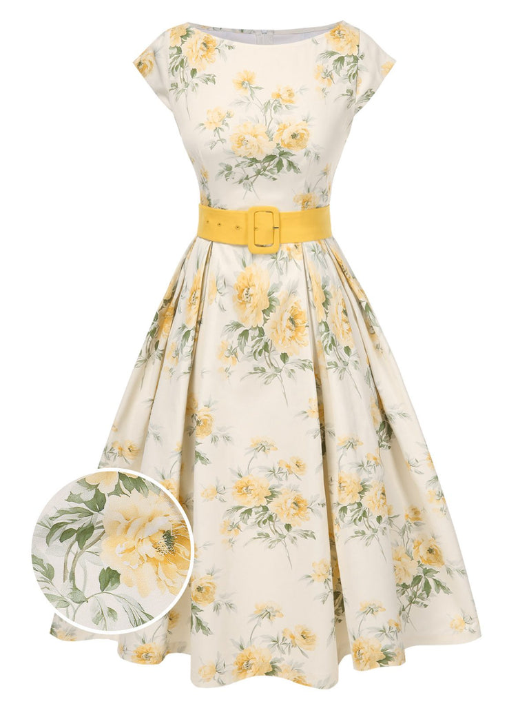 Robe jaune à fleurs antique col bateau ceinturée années 1950