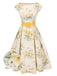 Robe jaune à fleurs antique col bateau ceinturée années 1950