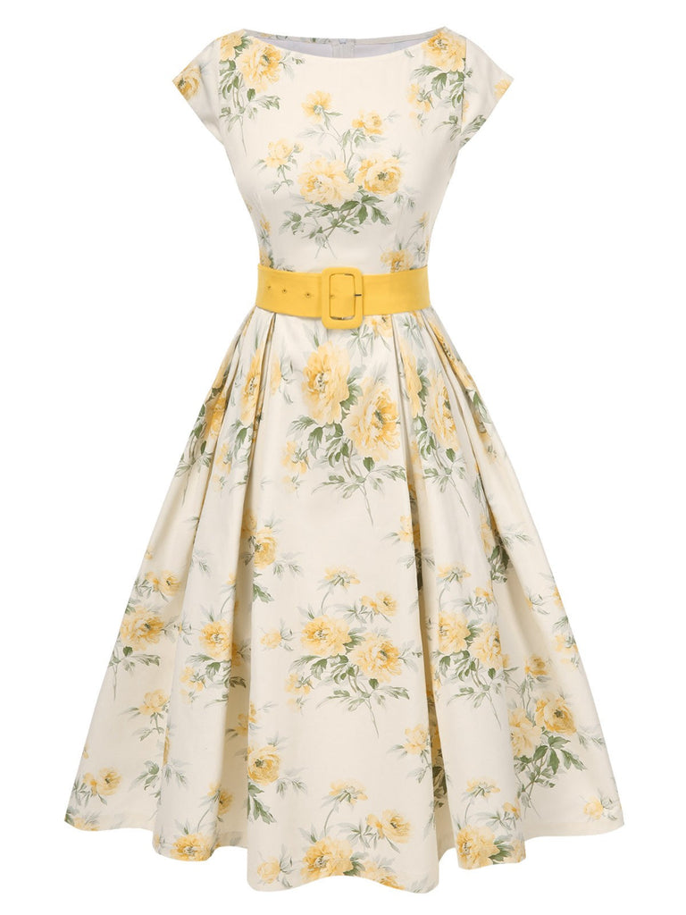 Robe jaune à fleurs antique col bateau ceinturée années 1950