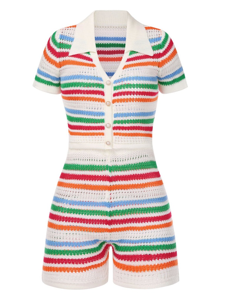 2PCS Haut et short tricotés à rayures arc-en-ciel des années 1970
