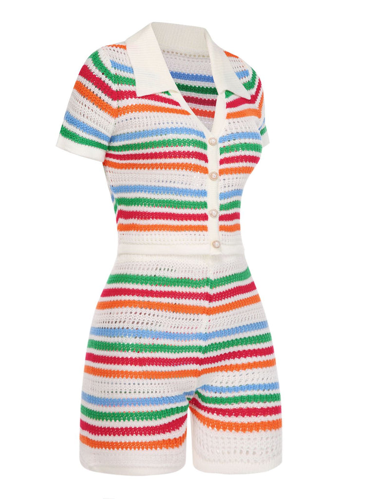 2PCS Haut et short tricotés à rayures arc-en-ciel des années 1970