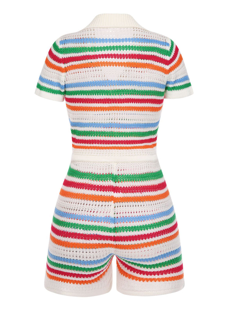 2PCS Haut et short tricotés à rayures arc-en-ciel des années 1970