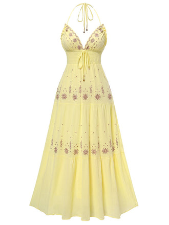 Robe fleurie brodée à col en V abricot des années 1930