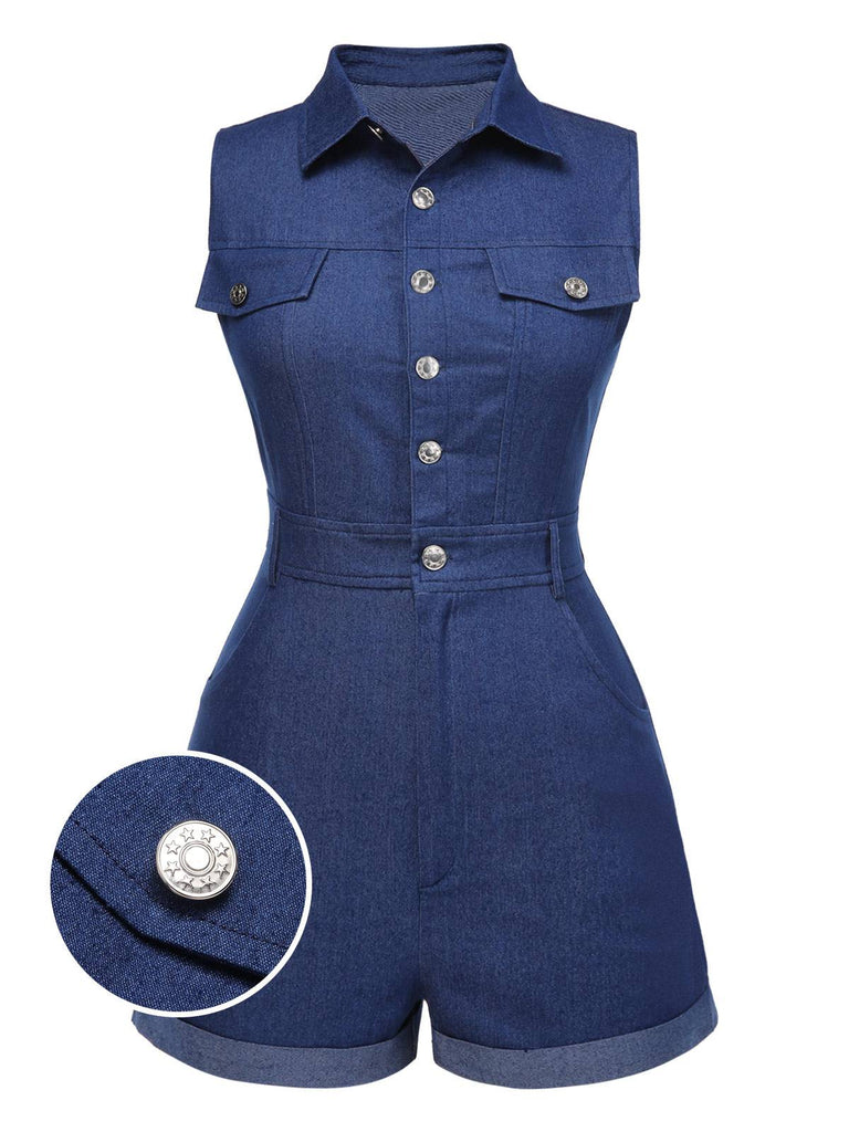 Combishort en jean bleu en coton années 1970