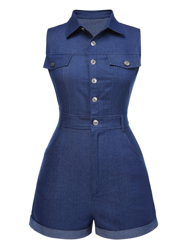 Combishort en jean bleu en coton années 1970