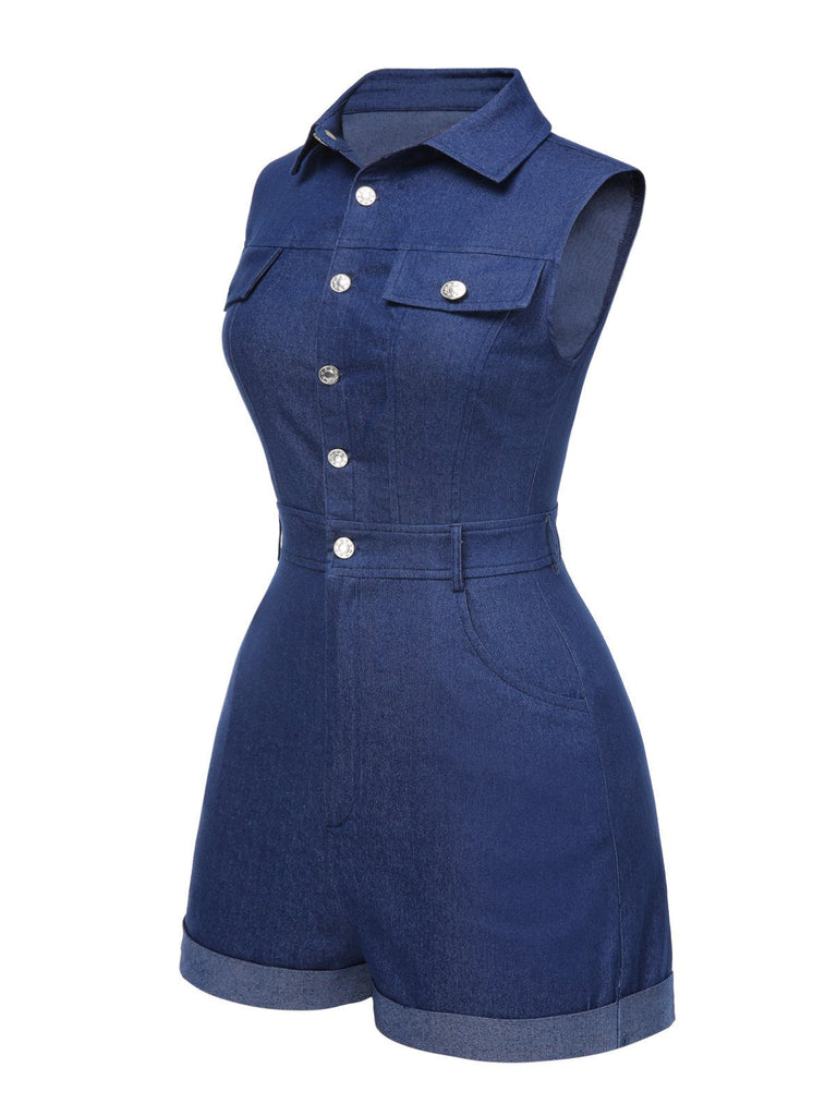 Combishort en jean bleu en coton années 1970