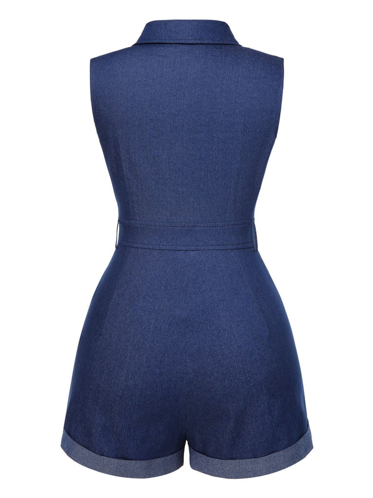 Combishort en jean bleu en coton années 1970