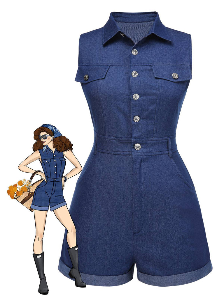 Combishort en jean bleu en coton années 1970