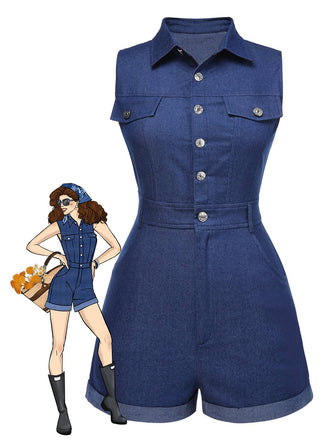 Combishort en jean bleu en coton années 1970