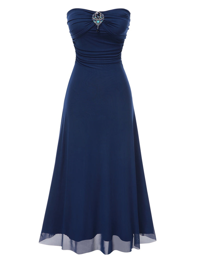 Robe bandeau bleue en maille à pierres précieuses années 1930 avec foulard