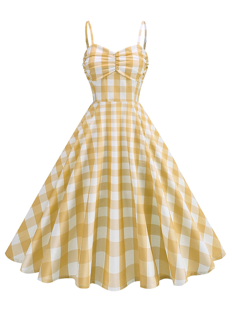 Robe verte carreaux vichy et bretelles froncées années 1950