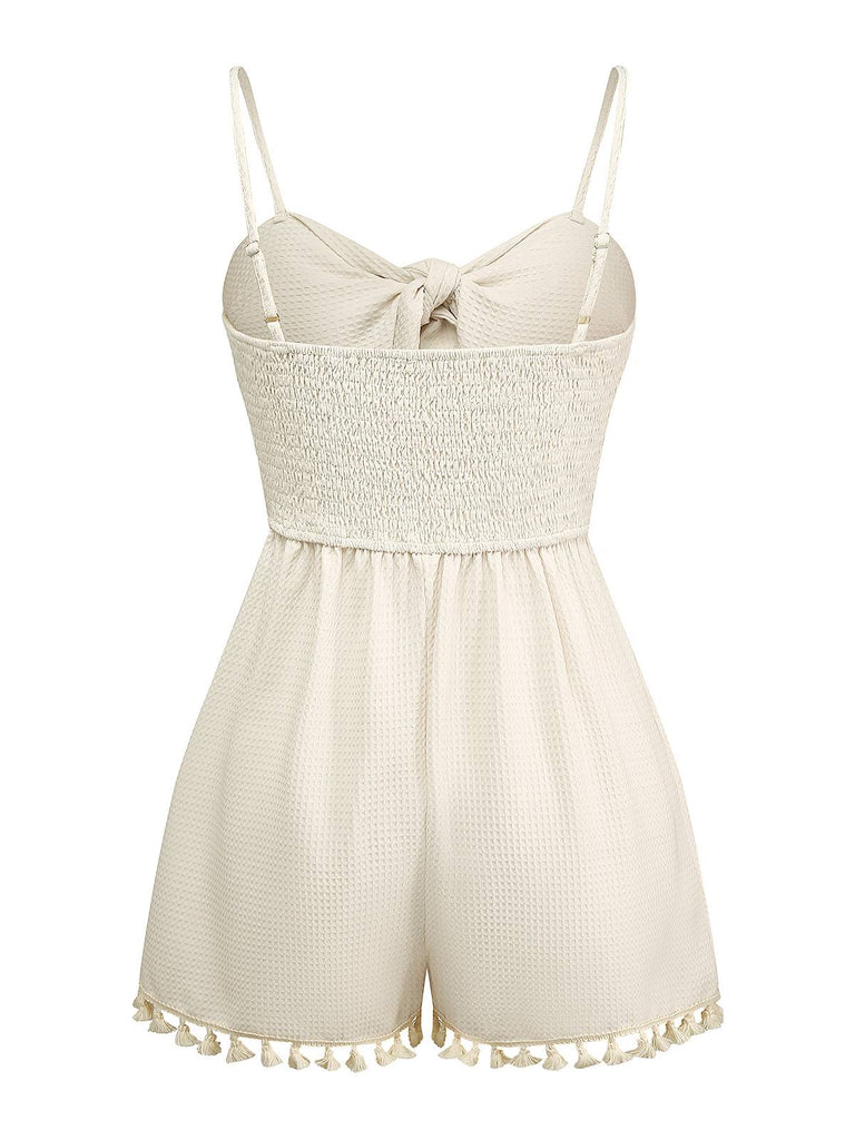 Combishort smockée beige unies à bretelles et nœuds des années 1950