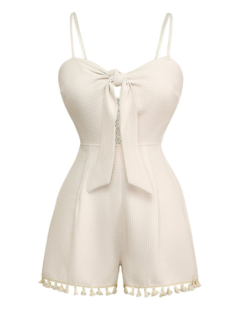 Combishort smockée beige unies à bretelles et nœuds des années 1950