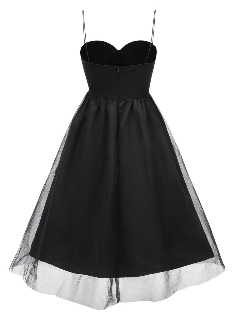 Robe noire en maille à bretelles spaghetti des années 1950
