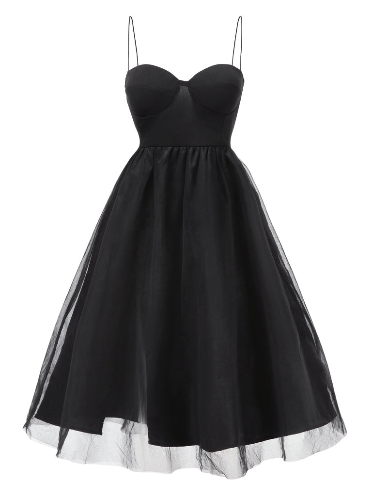 Robe noire en maille à bretelles spaghetti des années 1950