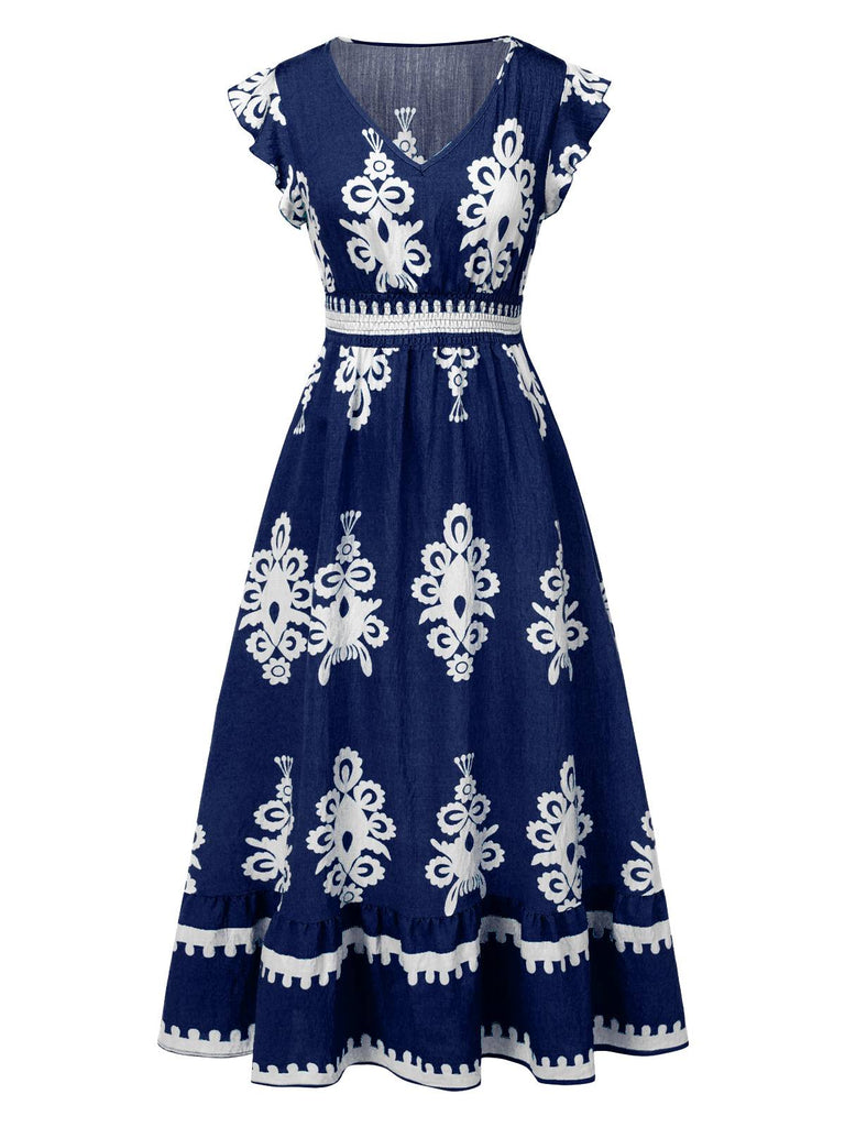Robe bohémienne à col V motif tribal des années 1970