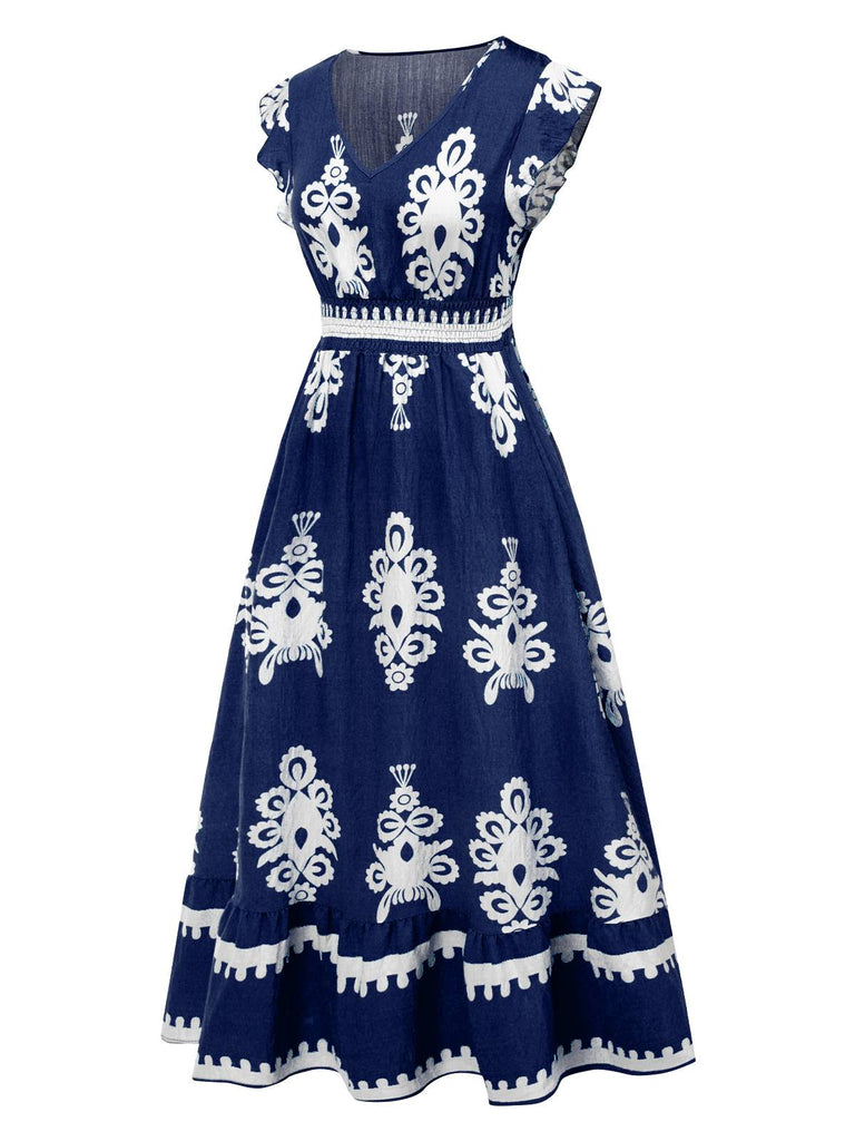 Robe bohémienne à col V motif tribal des années 1970