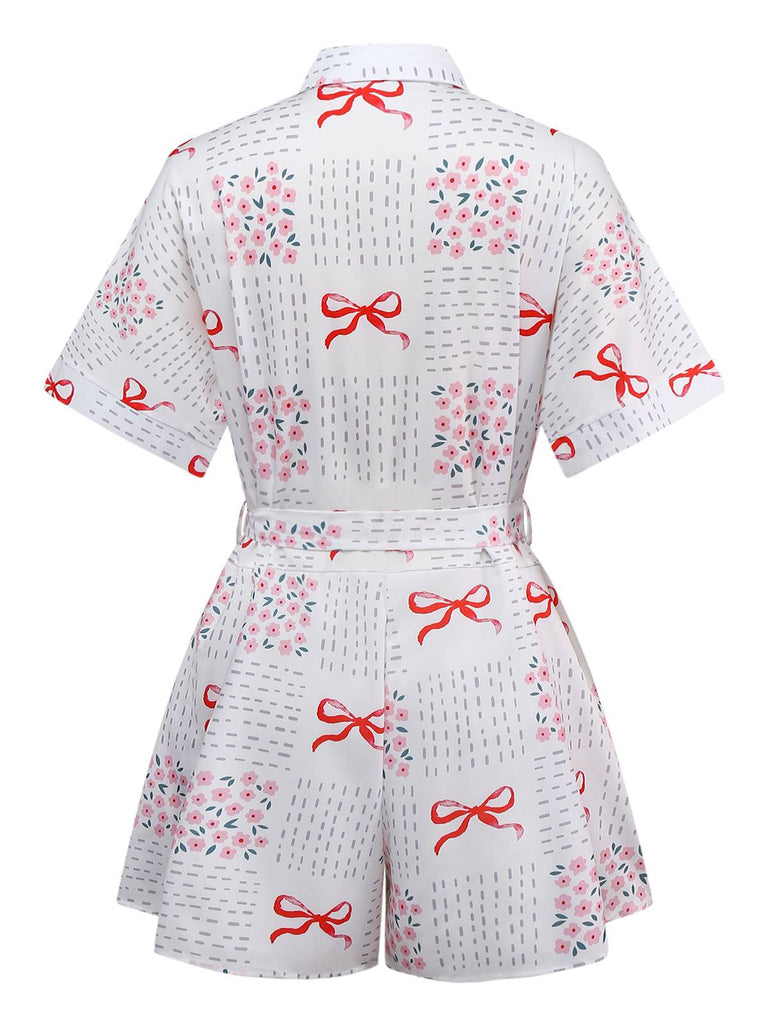 Combishort rose revers motif nœud et florale avec ceinture années 1950