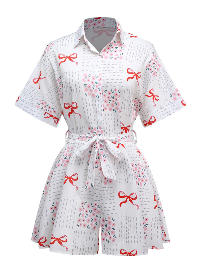 Combishort rose revers motif nœud et florale avec ceinture années 1950