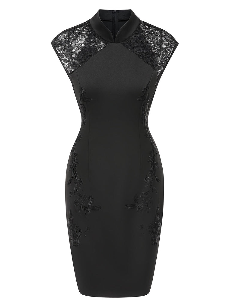 Robe crayon noire à col mandarin et broderies florales années 1960