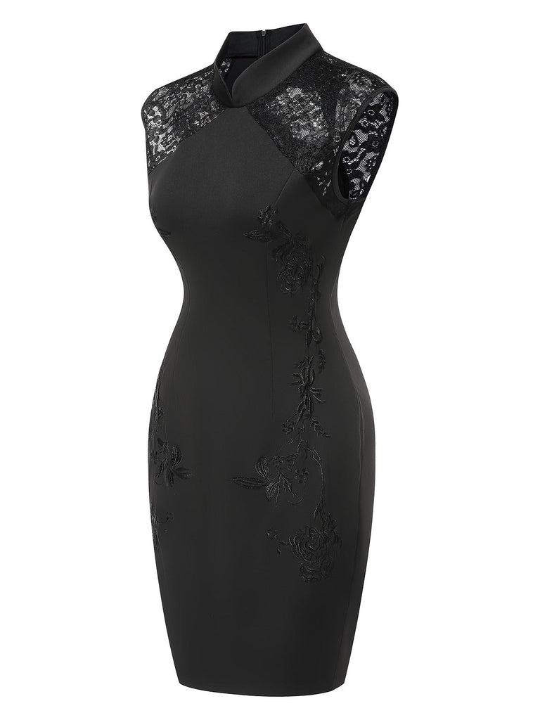 Robe crayon noire à col mandarin et broderies florales années 1960