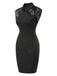 Robe crayon noire à col mandarin et broderies florales années 1960