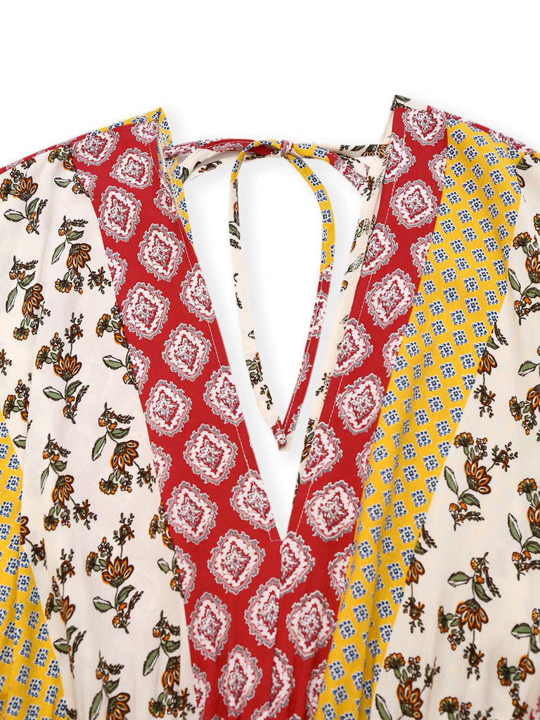 Combinaison jaune motif tribal floral bohème des années 1970