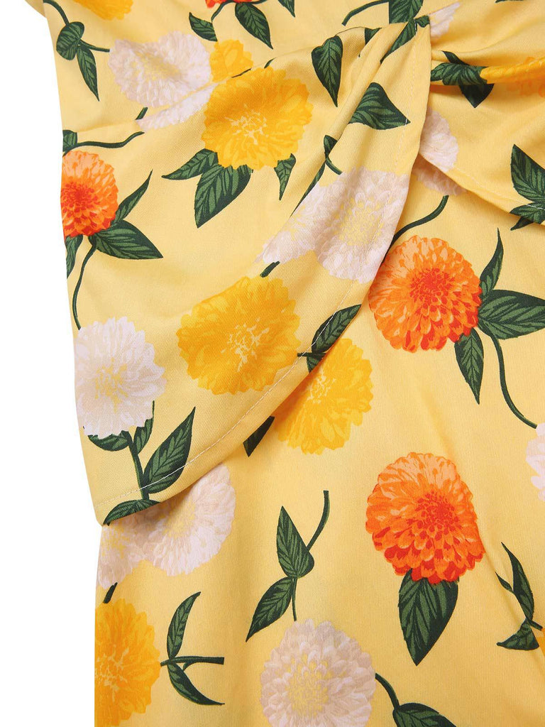 Robe froncée à fleurs d'hortensia jaune des années 1950