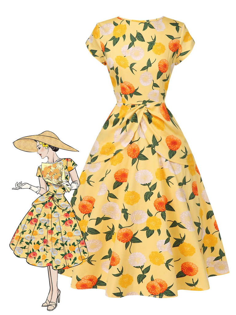 Robe froncée à fleurs d'hortensia jaune des années 1950