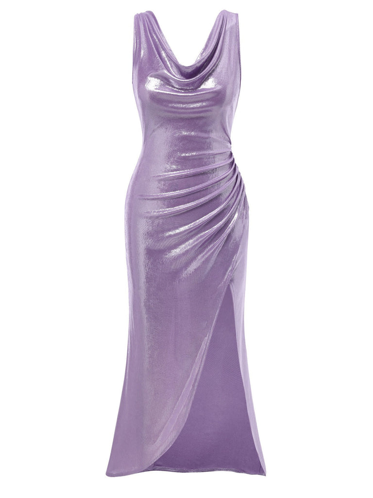 Robe lavande col bénitier avec fente haute luminosité nacrée des années 1960