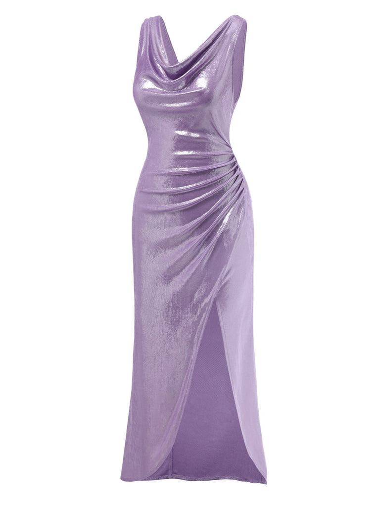 Robe lavande col bénitier avec fente haute luminosité nacrée des années 1960