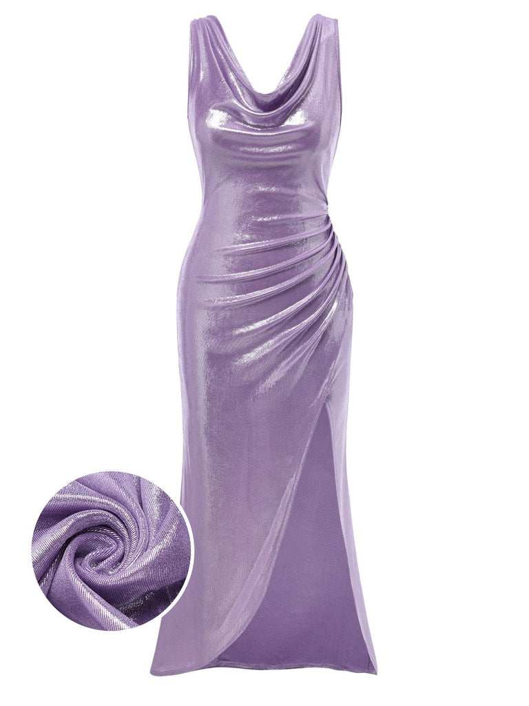 Robe lavande col bénitier avec fente haute luminosité nacrée des années 1960