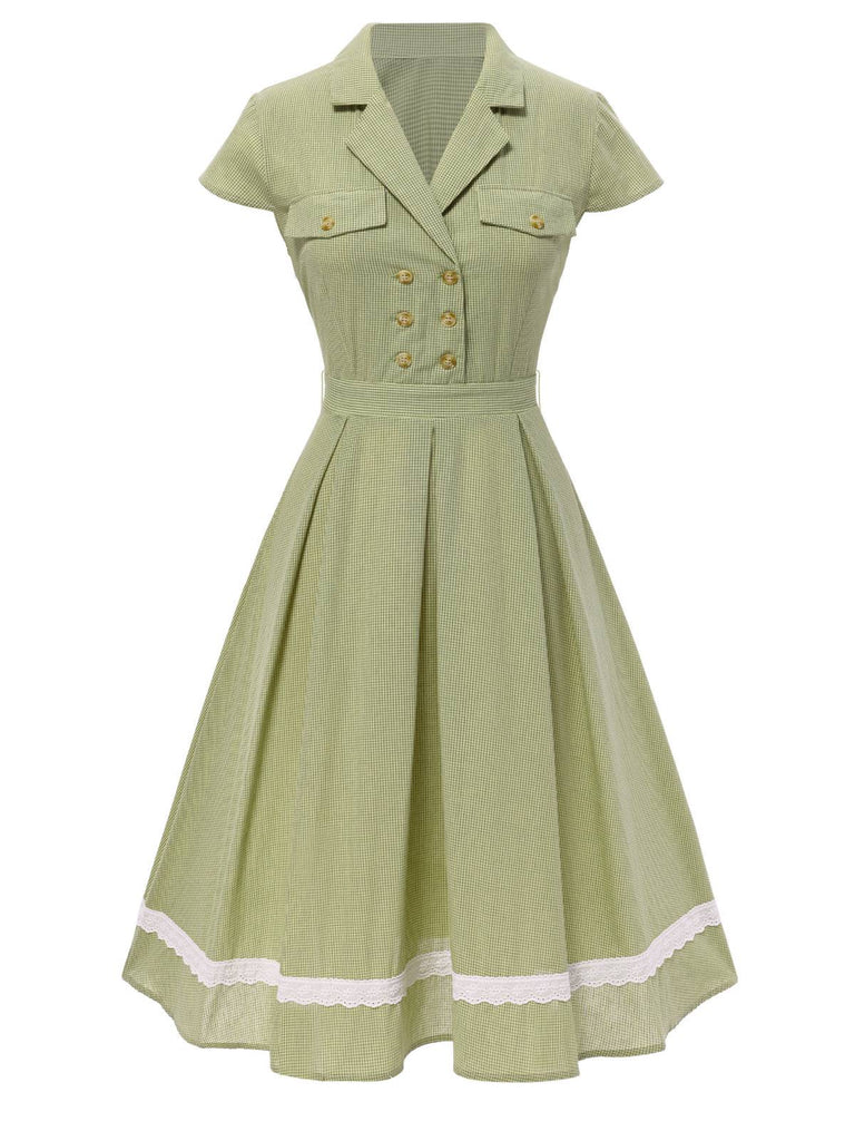 Robe en coton à carreaux vichy et dentelle verte des années 1950