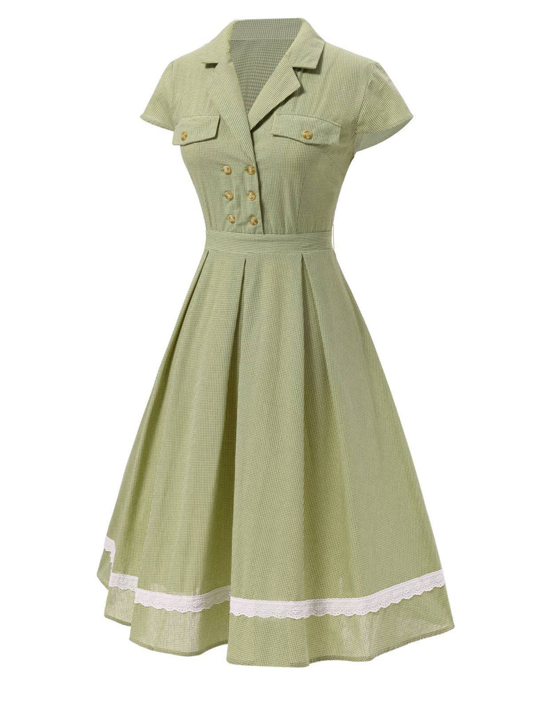Robe en coton à carreaux vichy et dentelle verte des années 1950