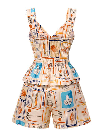 2PCS Haut et short multicolores motifs de vie marine des années 1940