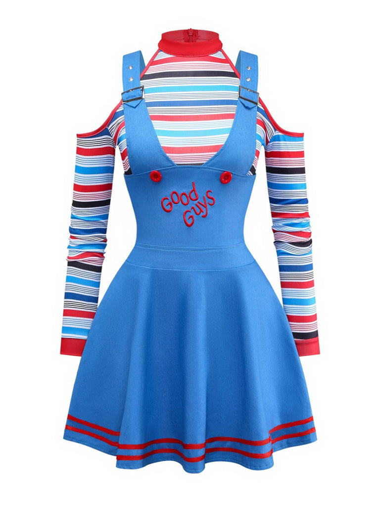 2PCS Robe gilet bleue et haut à rayures Child's Play Halloween des années 1960