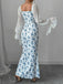 Robe bleue à petites fleurs en mousseline de soie des années 1930