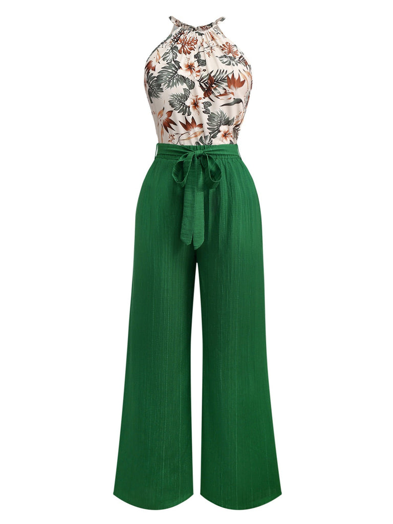2PCS Haut dos nu motifs de plantes tropicales et pantalon texturé vertes années 1950