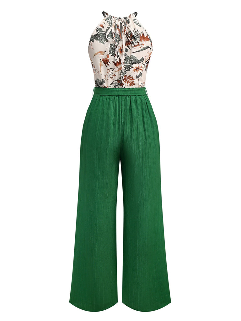 2PCS Haut dos nu motifs de plantes tropicales et pantalon texturé vertes années 1950