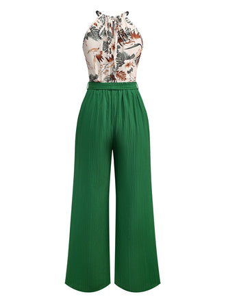 2PCS Haut dos nu motifs de plantes tropicales et pantalon texturé vertes années 1950