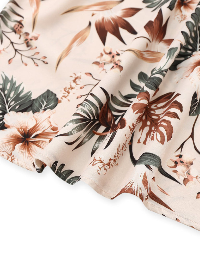 2PCS Haut dos nu motifs de plantes tropicales et pantalon texturé vertes années 1950