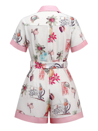 Combishort rose à motif ananas et fleur à revers années 1950