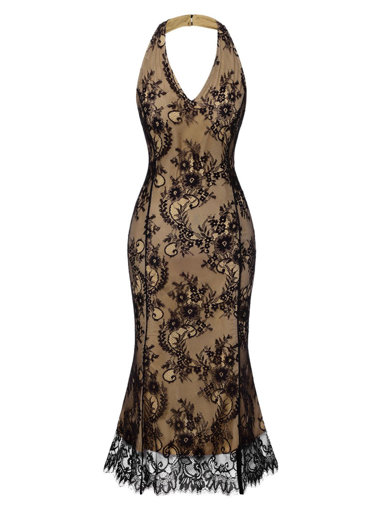 [Prévente] Robe sirène dos nu en dentelle brodée noire des années 1930