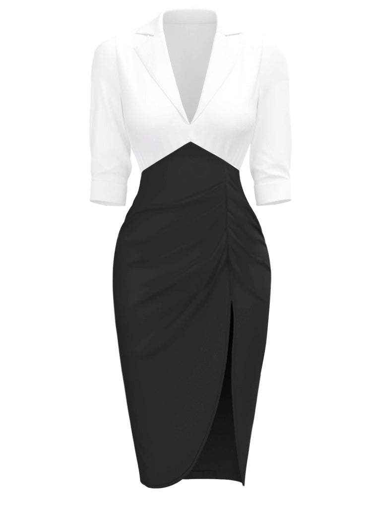 Robe moulante froncée à col cranté blanche et noire des années 1960