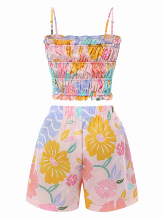 2PCS Débardeur court froncés et short imprimé floral rose années 1960